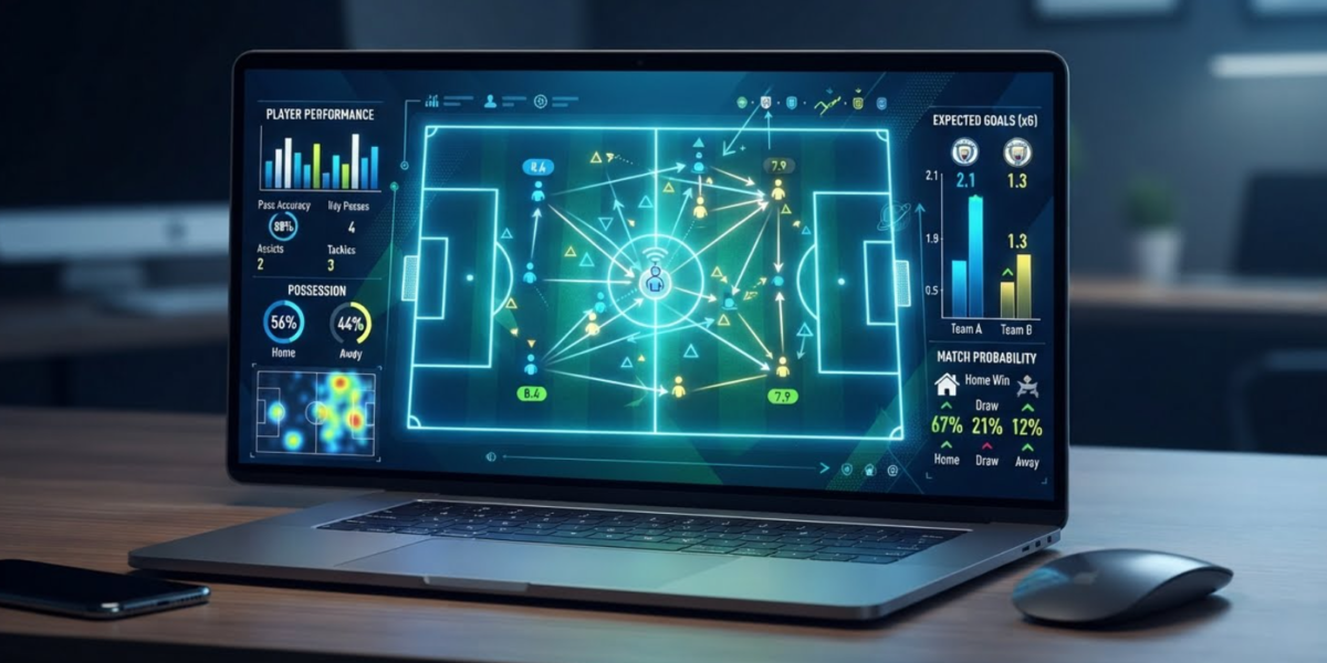 Digital football pitch with holographic player icons and probability statistics on a laptop screen