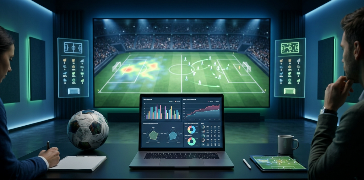 Football analytics dashboard showing over 1.5 goals predictions, match statistics and goal probability analysis