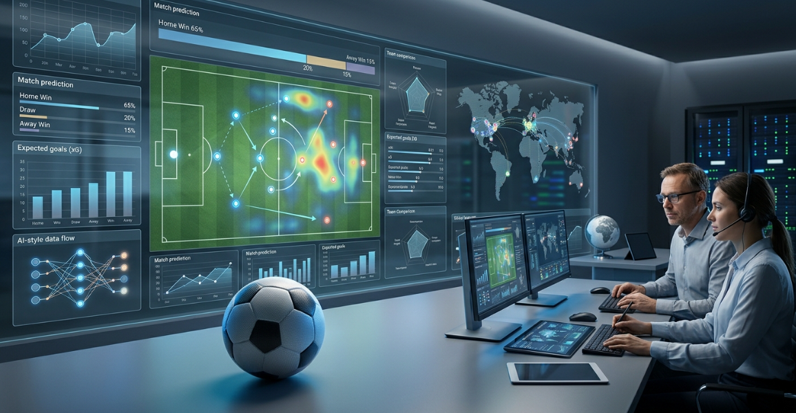 Football prediction platform analysis showing match probabilities, data models and statistical insights before kickoff